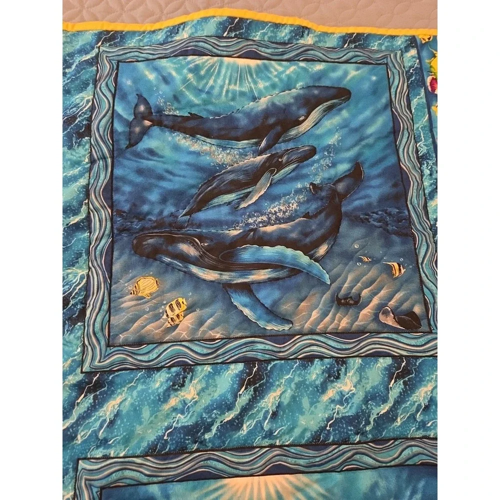 Handmade Crib Lap Blanket Ocean Life Dolphins Whales Blue Yellow 42